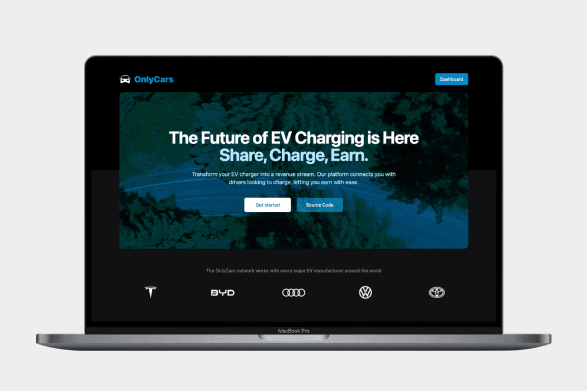 OnlyCars decentralized EV charging network platform dashboard
