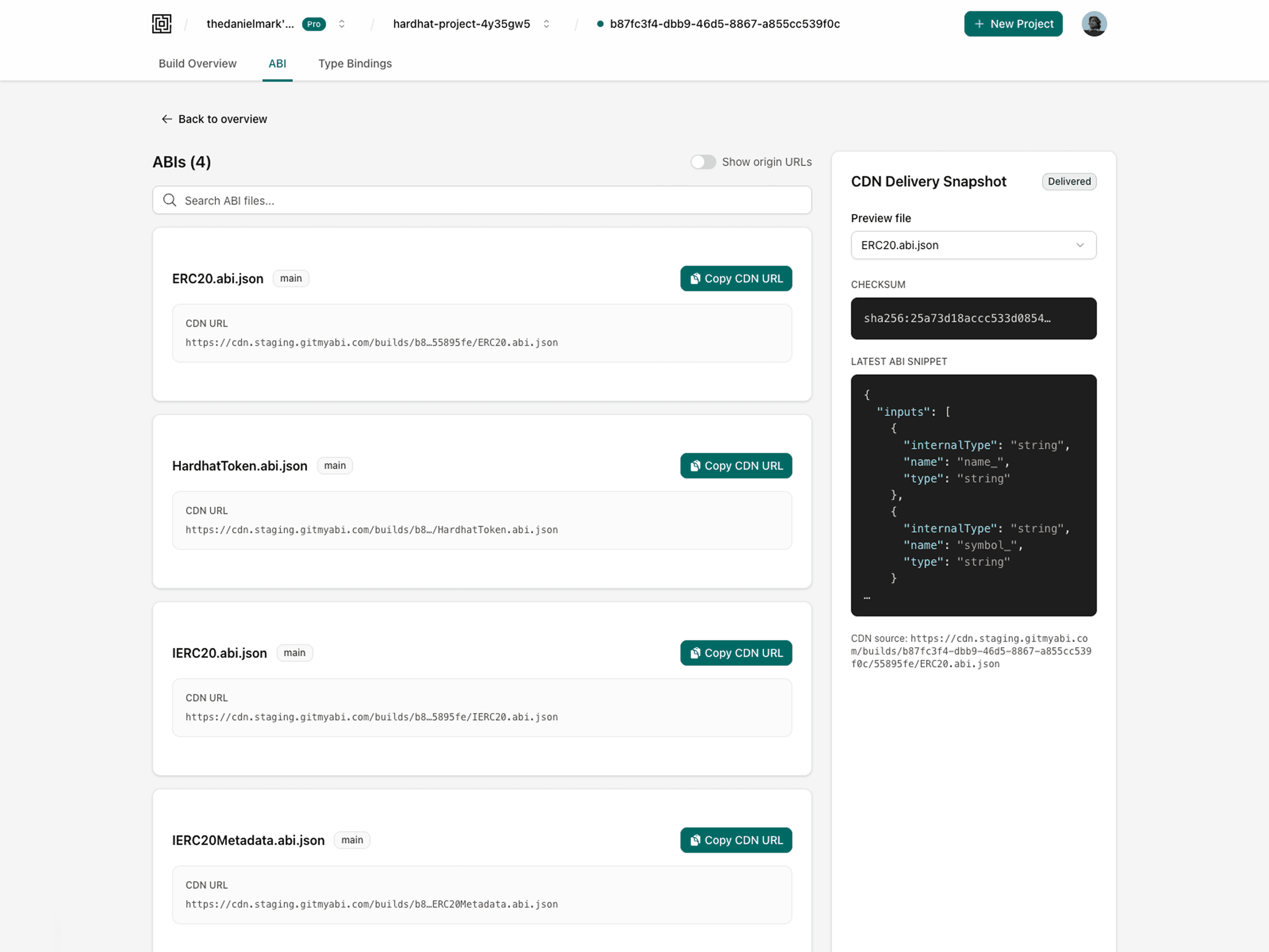GitMyABI ABI viewer showing ABI files, CDN URLs, checksum, delivery status, and a preview of the latest ABI JSON output.