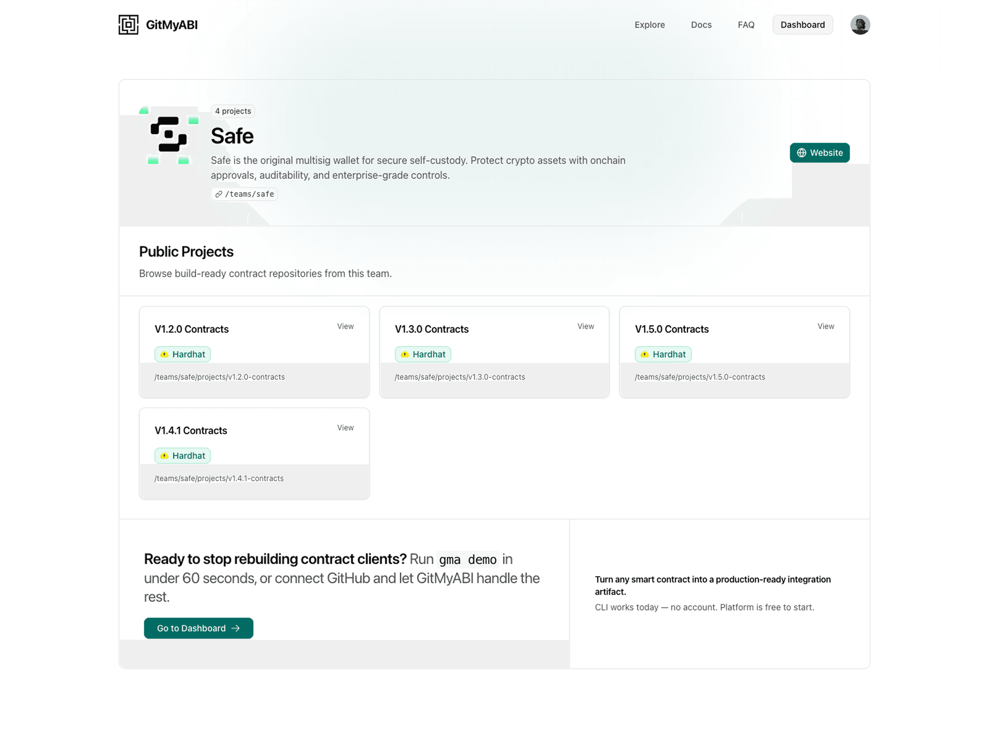 Public GitMyABI team page for Safe showing published contract projects and framework badges.