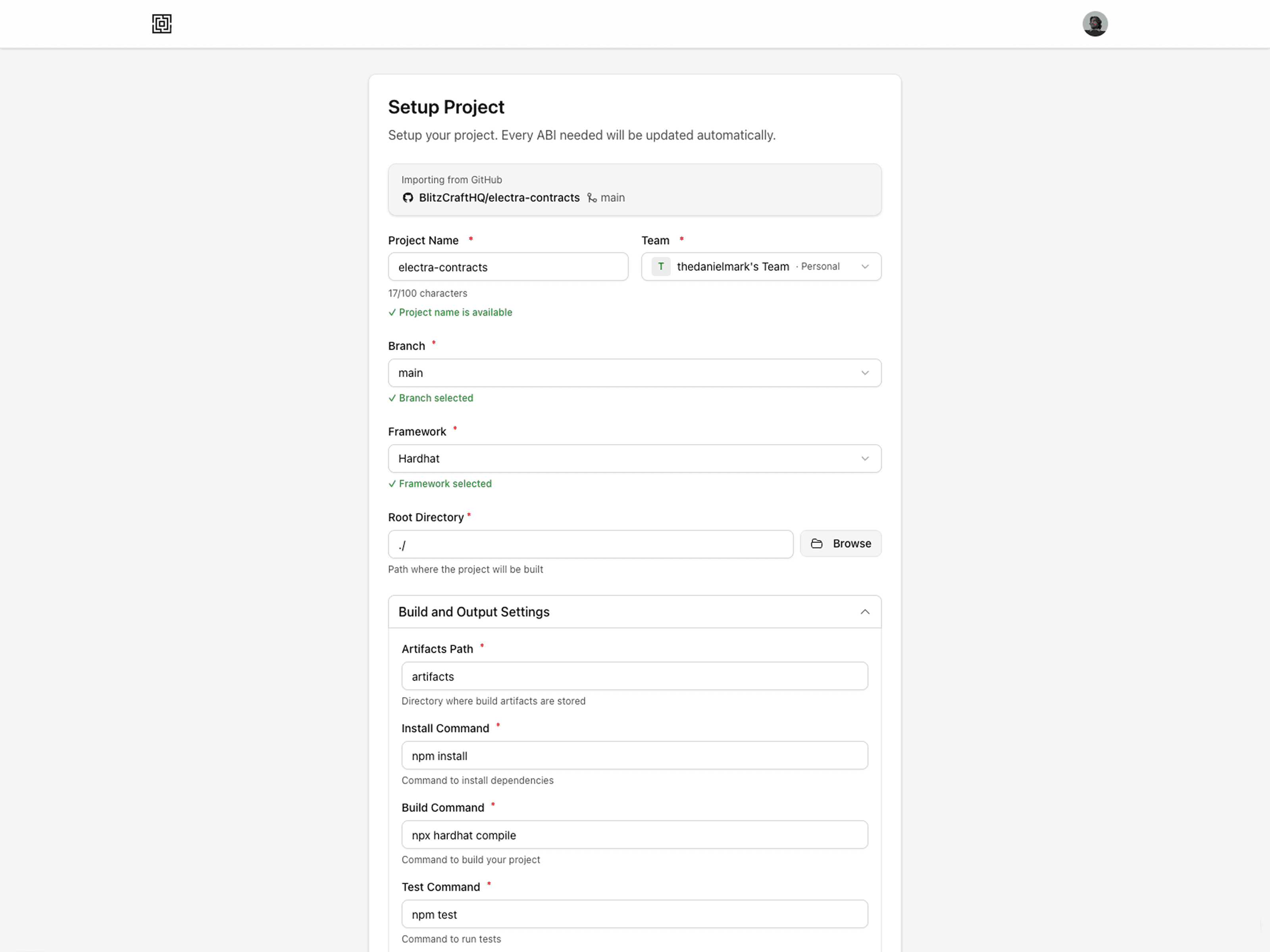 GitMyABI project setup form for importing a GitHub repository, selecting a branch, framework, root directory, and build commands.