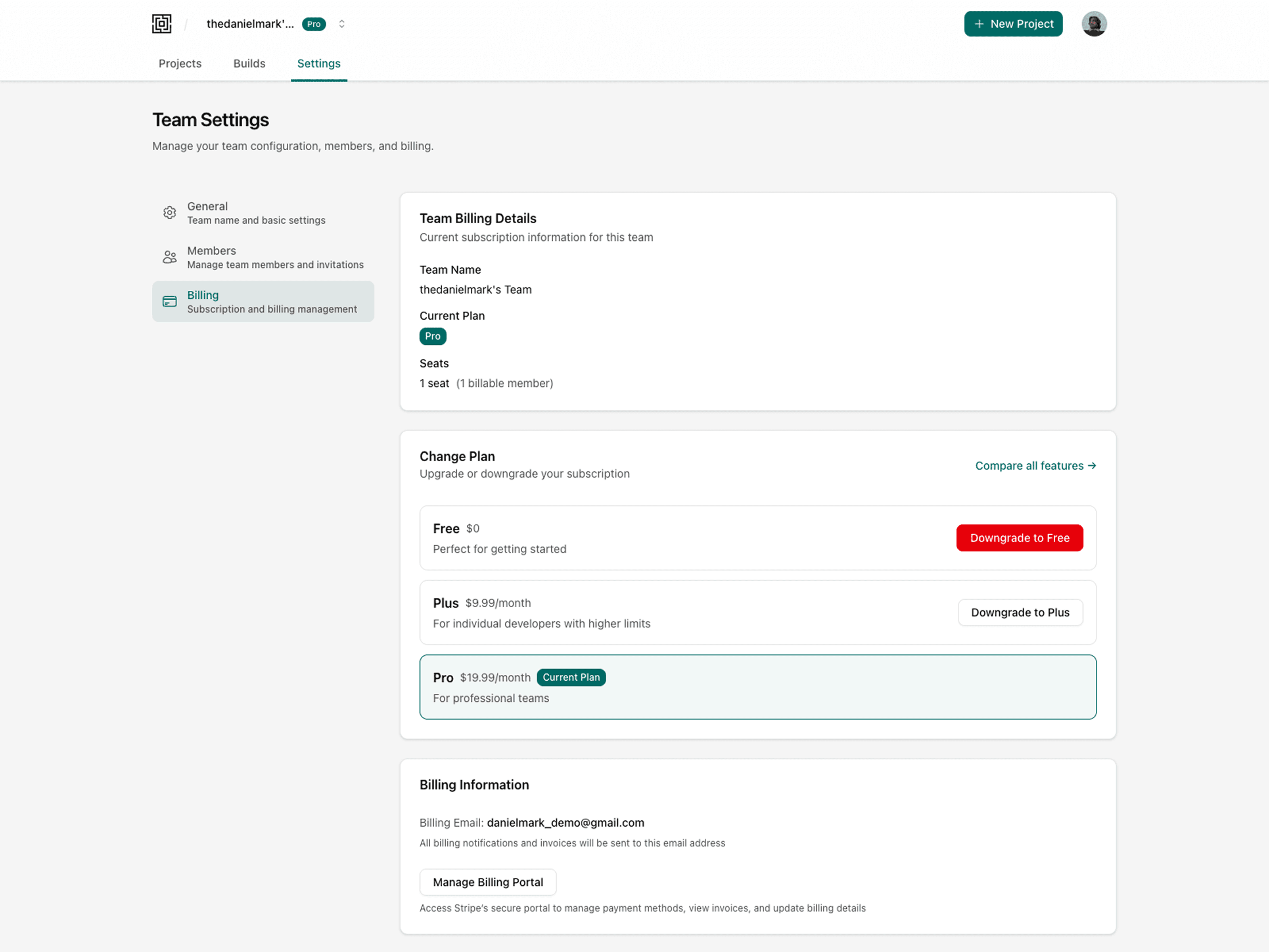 GitMyABI team billing settings showing current plan, available subscription tiers, seats, and billing portal access.