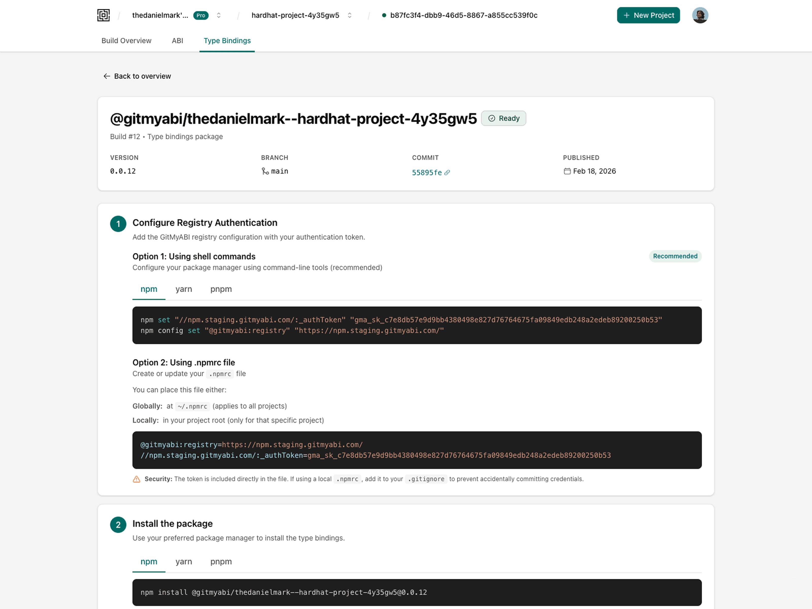 GitMyABI type bindings page showing package version, branch, commit, publish date, registry authentication, and install instructions.